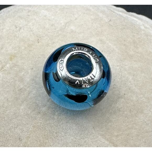 Genuine Murano Italy Charm Glass Bead Blue w/ Black Swirls Fits Pan 925 - Picture 3 of 5